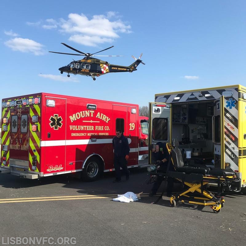 4/10/2018 MVC with Entrapment on Harrisville Rd at Akers Dr Mt. Airy (P45 assisted with a double flyout using MSP Trooper 2 and Park Police Eagle 2) 